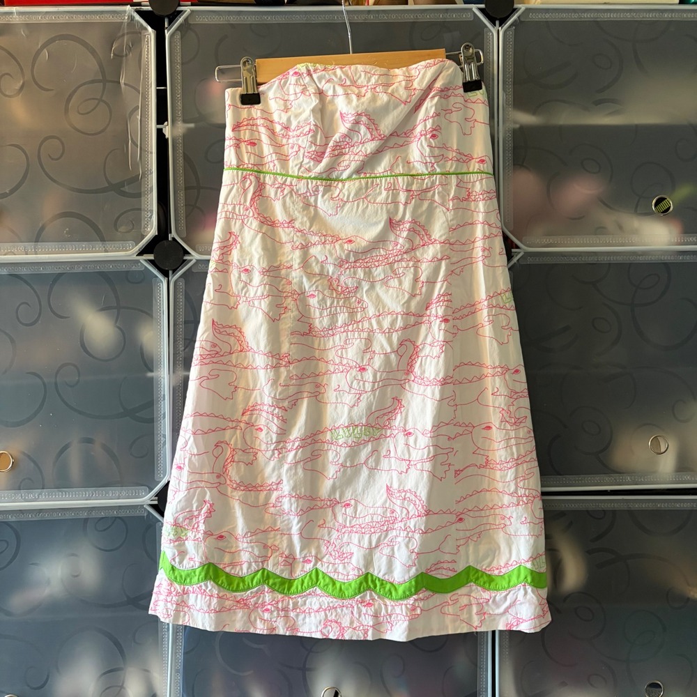 Lilly Pulitzer Pink Alligator Embroidered Strapless Dress White Green Trim 4